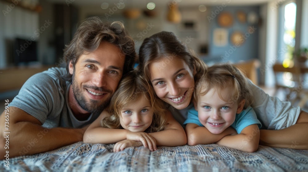 Family of Four Relaxing Together on Bed. Generative AI. Family of Four Relaxing Together on Bed. Generative AI.