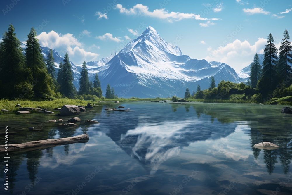 a lake with a mountain in the background - obrazy, fototapety, plakaty 