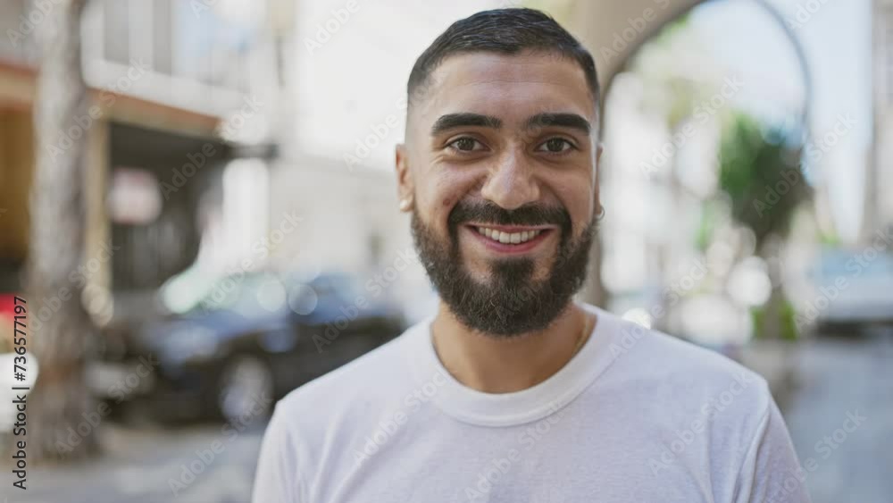 Portrait of a content young man with a beard smiling outdoors in a sunny city scene. Portrait of a content young man with a beard smiling outdoors in a sunny city scene.
