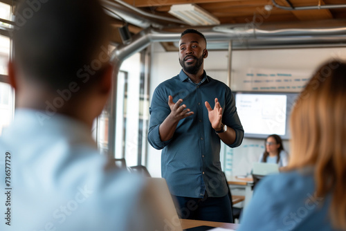 man giving a presentation to people in an office building
