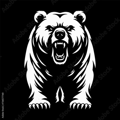 Vector illustration depicting an angry bear with a grinning mouth. Fierce bear. Drawing of a bear for a logo, print for a T-shirt, website, poster. Design element. Tattoo.