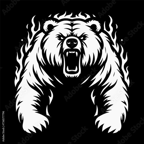Vector illustration depicting an angry bear with a grinning mouth. Fierce bear. Drawing of a bear for a logo, print for a T-shirt, website, poster. Design element. Tattoo.