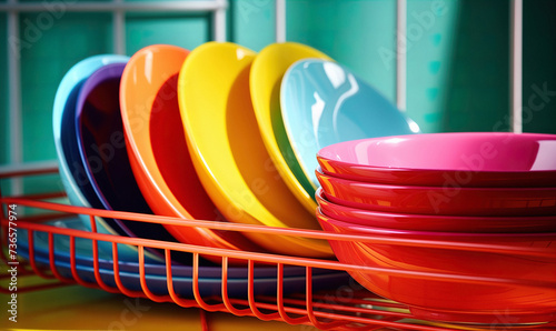 Konstfotografi Vibrant dishware set artfully arranged in dish rack, displaying a minimalistic aesthetic with intriguing close-up angle