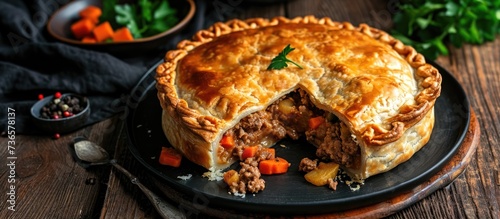 A meat pie made with minced beef, vegetables, and seasoning, served on a black plate on a wooden table.