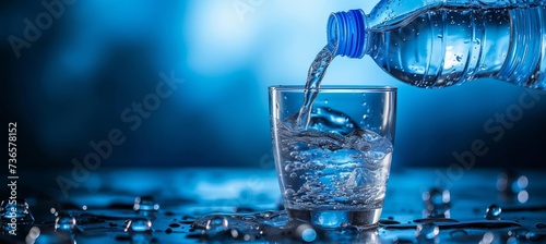 Pouring water from bottle into glass with copy space for text placement on left side