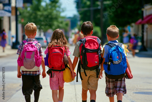 children are walking down the street with their backpacks