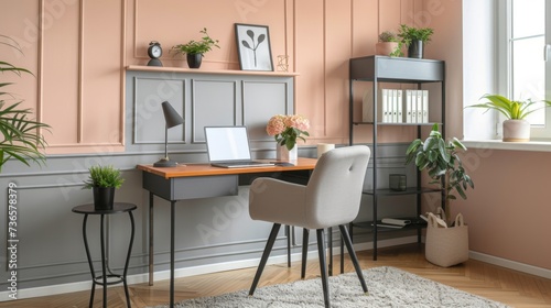Contemporary home office setup with peach walls, a sleek desk, and organized shelving. Perfect for work-from-home and interior design themes.