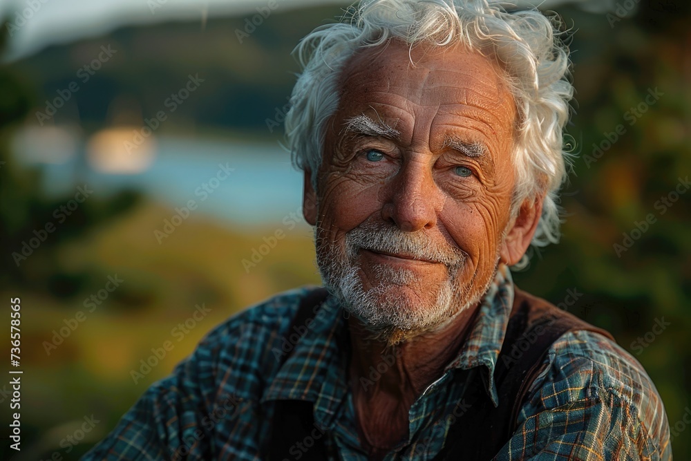 Portrait of a healthy positive senior man looking at the camera. Gray hair mature man in the nature. 