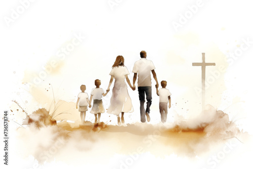Watercolor Family at the Cross, Religion Concept