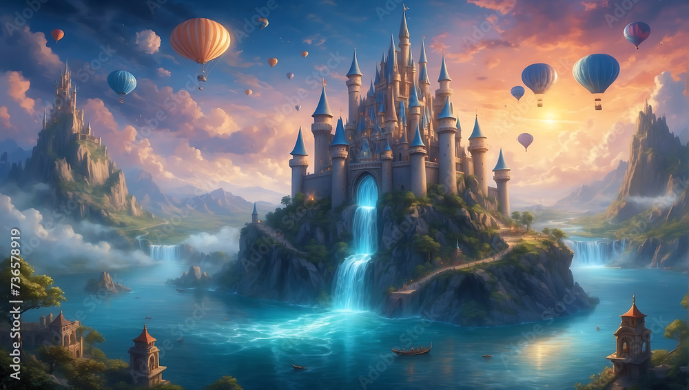 Zaczarowany zamek na mistycznej wyspie otoczonej przez balony - obrazy, fototapety, plakaty 