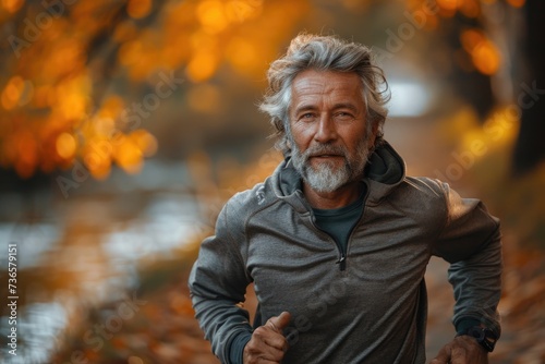 Portrait of a senior man running in the nature. He is healthy looking with the gray hair.