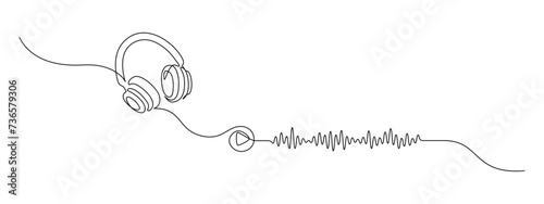 One continuous line drawing of audiobook concept. Listening and reading device web banner for education and podcasts in simple linear style. Editable stroke. Doodle outline vector illustration