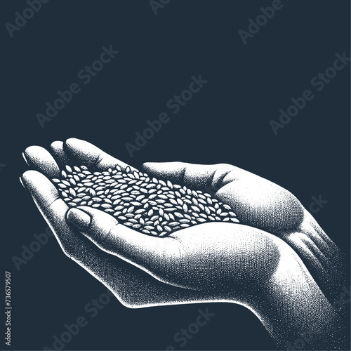 Hands Holding Grain. Vintage stipple engraving style vector illustration on dark background.