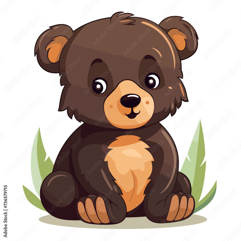 Fototapeta premium Cute brown bear sitting on the grass. Vector cartoon illustration.