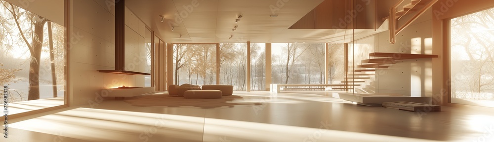 Modern wooden house interior panorama at right angles. White indoor ...
