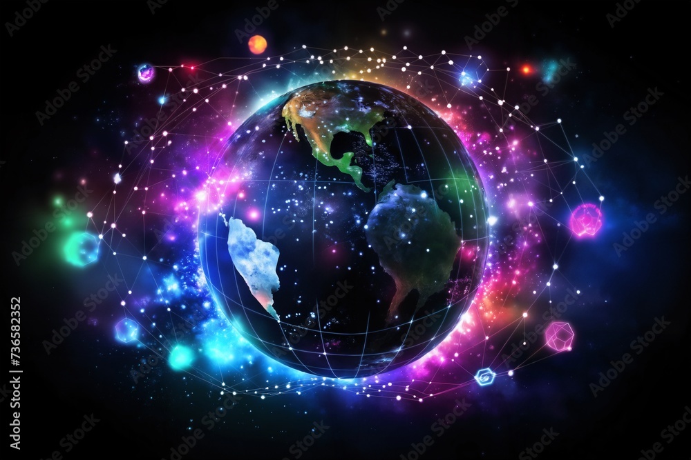 digital world, hologram and glow around the surface of planet Earth in space, futuristic computer technology, the concept of globalization and artificial intelligence digital world, hologram and glow around the surface of planet Earth in space, futuristic computer technology, the concept of globalization and artificial intelligence