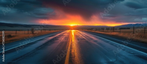 Rain-soaked open road at sunset.