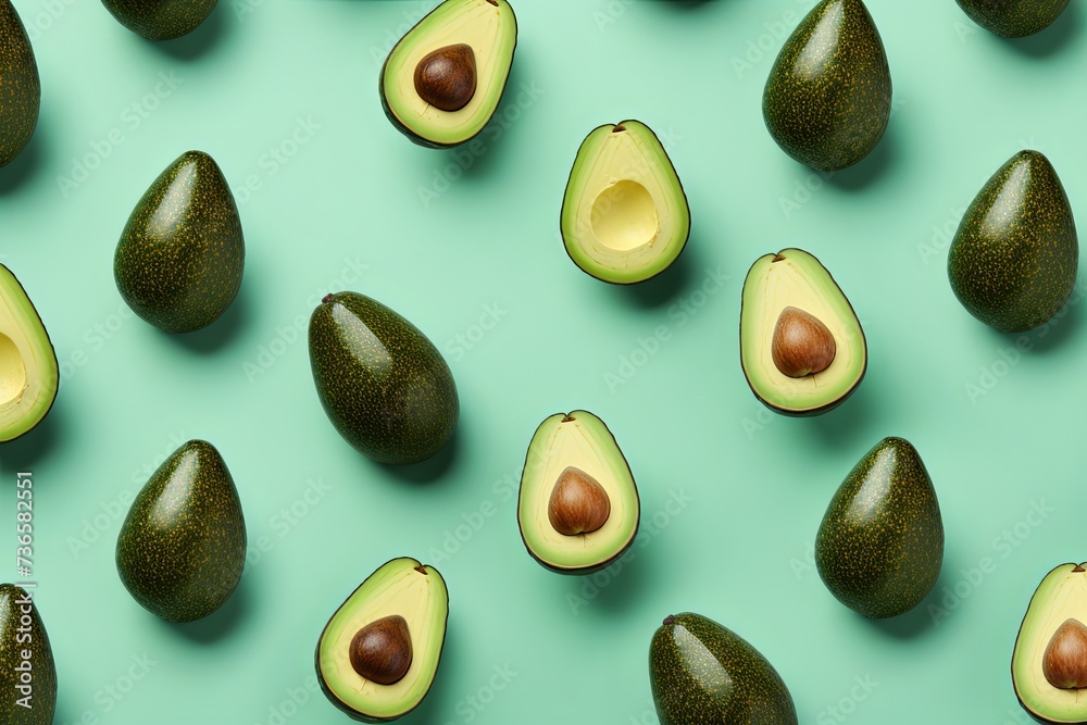 Organic avocado with seed and whole fruits on light blue background. Fresh food pattern in minimal flat lay style. Healthy vegetarian food and lifestyle concept. Top view. Generative ai Organic avocado with seed and whole fruits on light blue background. Fresh food pattern in minimal flat lay style. Healthy vegetarian food and lifestyle concept. Top view. Generative ai