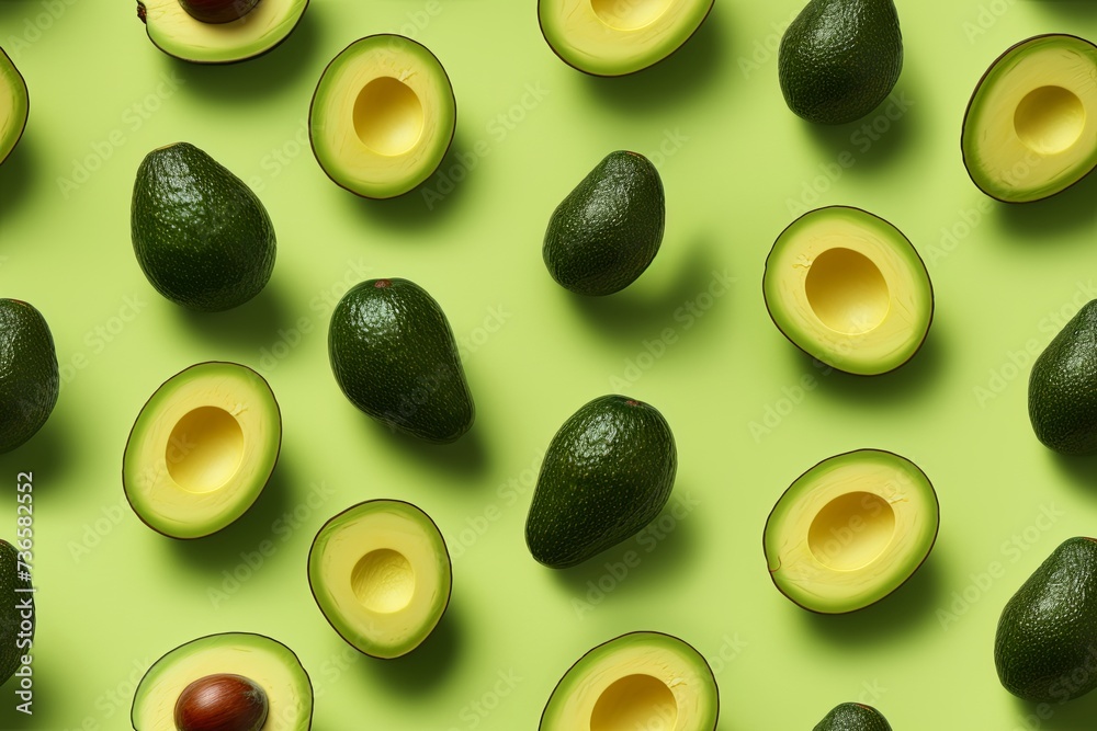 Organic avocado with seed and whole fruits on light green background. Fresh food pattern in minimal flat lay style. Healthy vegetarian food and lifestyle concept. Top view. Generative ai Organic avocado with seed and whole fruits on light green background. Fresh food pattern in minimal flat lay style. Healthy vegetarian food and lifestyle concept. Top view. Generative ai