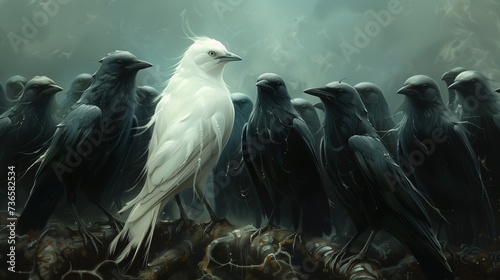 White bird in the middle of the crowd of black birds. Differency from the others conception. Isometric view. photo