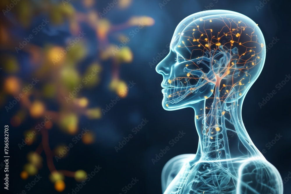 silhouette of human body and head, with neural connections in brain, in form of hologram on background vegetative system , an abstraction of digital art, concept of biotechnology of future
