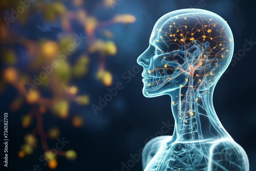 silhouette of human body and head, with neural connections in brain, in form of hologram on background vegetative system , an abstraction of digital art, concept of biotechnology of future photo