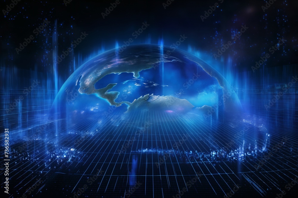 surface of earth planet with futuristic computer technology and mega city, digital connections with hologram and glow against background of space, concept of globalization and urbanization surface of earth planet with futuristic computer technology and mega city, digital connections with hologram and glow against background of space, concept of globalization and urbanization