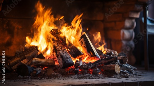 Close up view of modern fireplace with burning firewood in cozy home interior