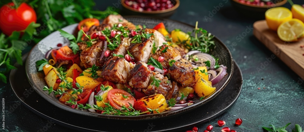 Fried pork with potato, onions, peppers, tomatoes, pomegranate, and herbs. Fried pork with potato, onions, peppers, tomatoes, pomegranate, and herbs.