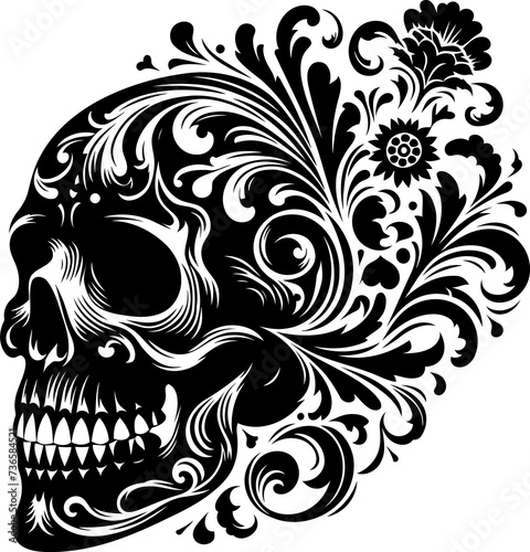 grim reaper  skull  silhouette flowers ornament decoration  floral vector design. 