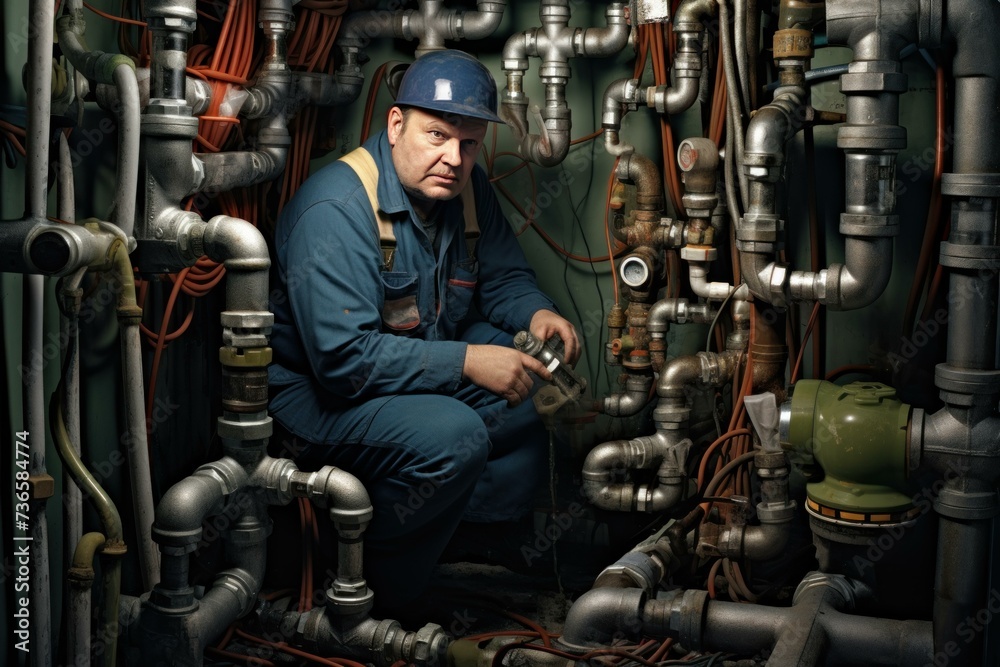 Resourceful Plumber man pipes basement. Work boiler heat. Generate Ai