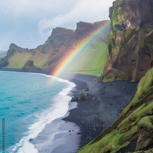 Rainbow Over Coastal Landscape with Black Sand Beach