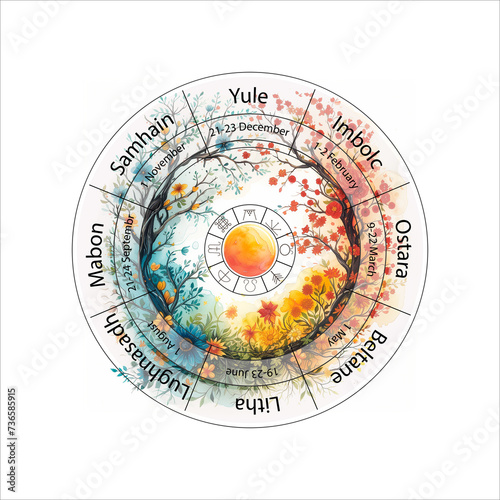 Forest wheel of the year. Pagan Celtic holidays. AI
