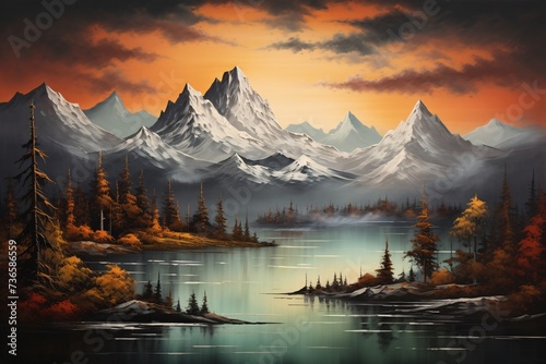 a painting of a lake with mountains and trees