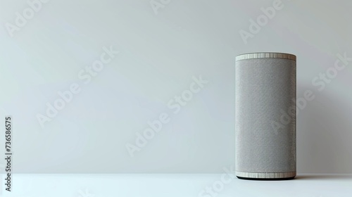 Sleek smart speaker on white background with wireless connectivity and text placement