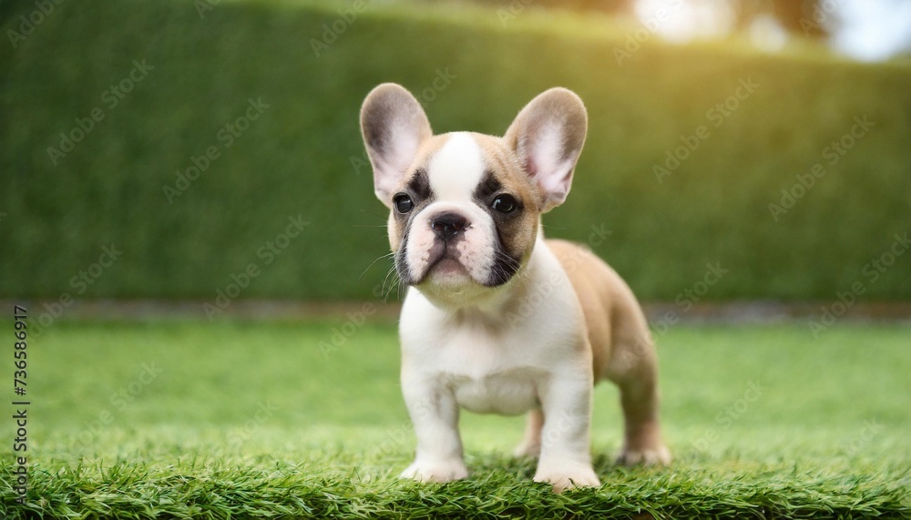 white brown french bulldog puppy standing on green artificial grass
