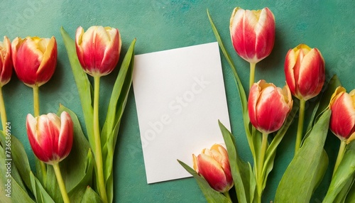 composition with blank card and beautiful flowers tulip on coloredbackground top view with space for you desing photo