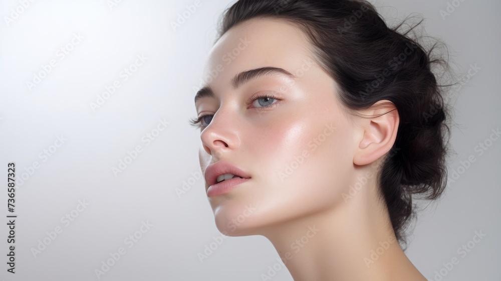 face model, full face in the shot, photographic style, smooth skin, hand on the face, white background face model, full face in the shot, photographic style, smooth skin, hand on the face, white background