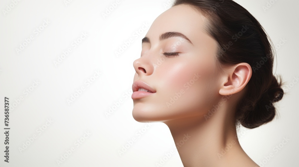 face model, full face in the shot, photographic style, smooth skin, hand on the face, white background face model, full face in the shot, photographic style, smooth skin, hand on the face, white background