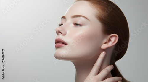 face model, full face in the shot, photographic style, smooth skin, hand on the face, white background