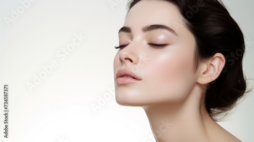 face model, full face in the shot, photographic style, smooth skin, hand on the face, white background