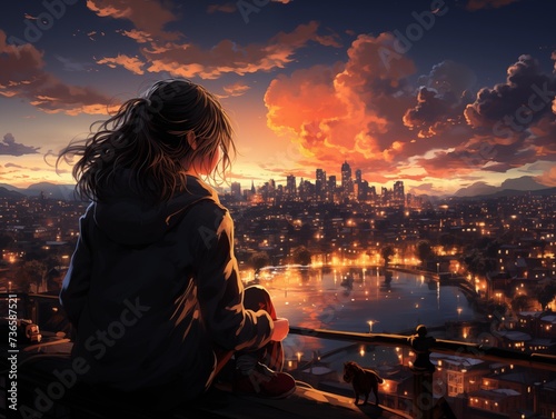 A girl enjoys a sunset over the city from her rooftop perch.