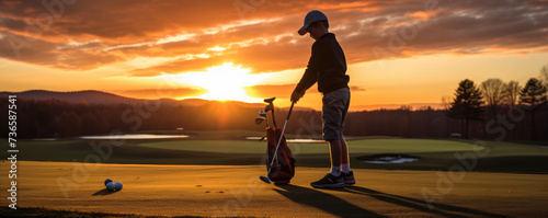 Junior kid practicing golf evening golf field. photo