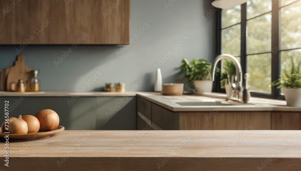minimal empty wooden counter top table top with copy space for product advertising mockup with kitchen interior details