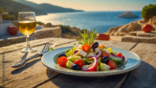 Delicious Greek salad in a plate outdoors in Greece nutrition