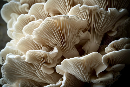 Mycelium with mushrooms, bottom view. Background with selective focus and copy space