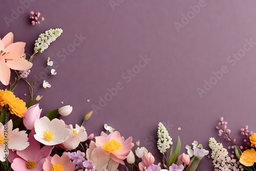 Banner with spring flowers purple background copy space