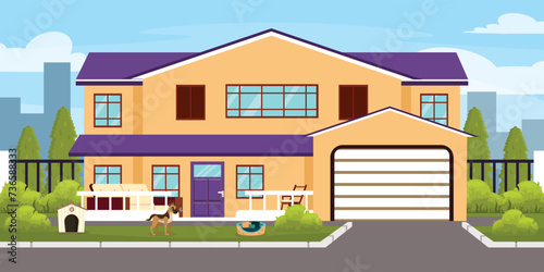 Vector illustration of a large country house.Cartoon scene of a two-story house with a roof,windows,a porch with a sofa,a chair,a garage, a dog house, a dog, bushes, trees,a gate, a sidewalk, a road.