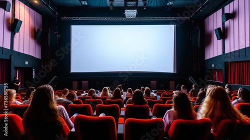Modern cinema movie theater blank white screen mock up with people on red seats template