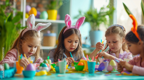 cute kids in bunny ears painting Easter eggs at home or kindergarten. children prepare for Easter